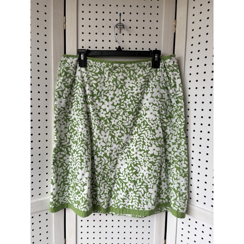 LL Bean Cotton Lined Floral Knee Skirt Women's 14 Reg Side Zip Green White